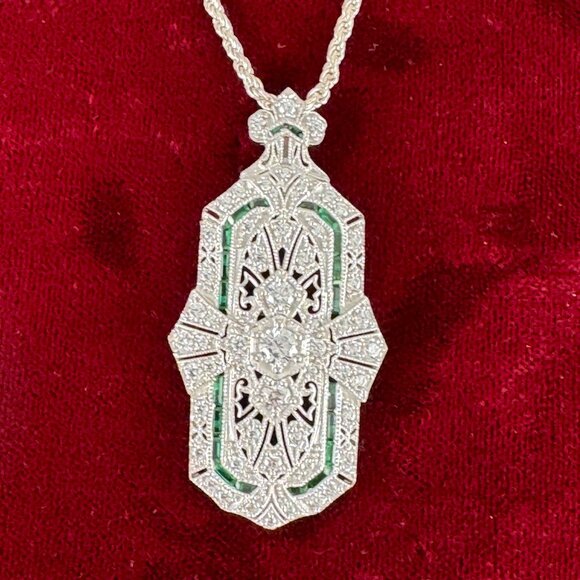 Roaring 20's Art Deco Reto Sterling Silver Lab Created Diamond & Emerald Pendant - Picture 8 of 13